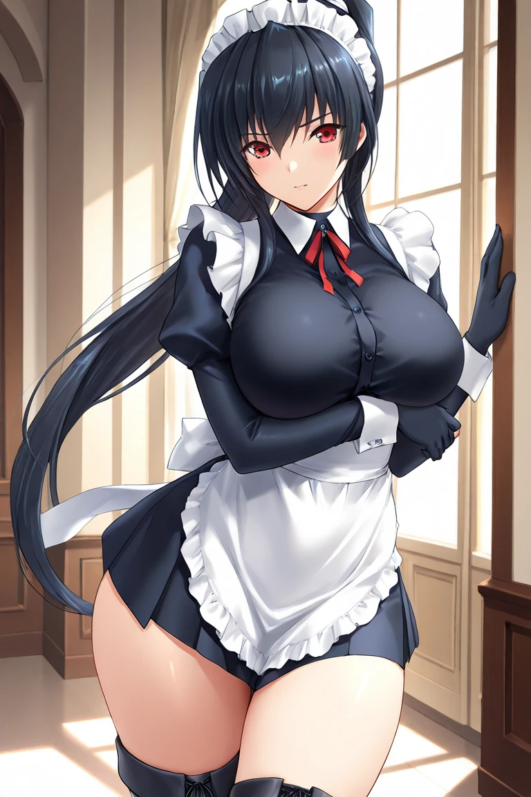 Ayako Hiiragi | Walkure Romanze, masterpiece, best quality, a sexy mature woman in fishnet stockings and a maid costume seducing poses in a dinning floor, solo, 1girl, breasts, cleavage, panties, thong, puffy sleeve shirt, apron, skirt lift, thigh-highs, skirt, clothes lift, fishnets, fishnet thigh-highs, camel toe, crotch, seductive smile,