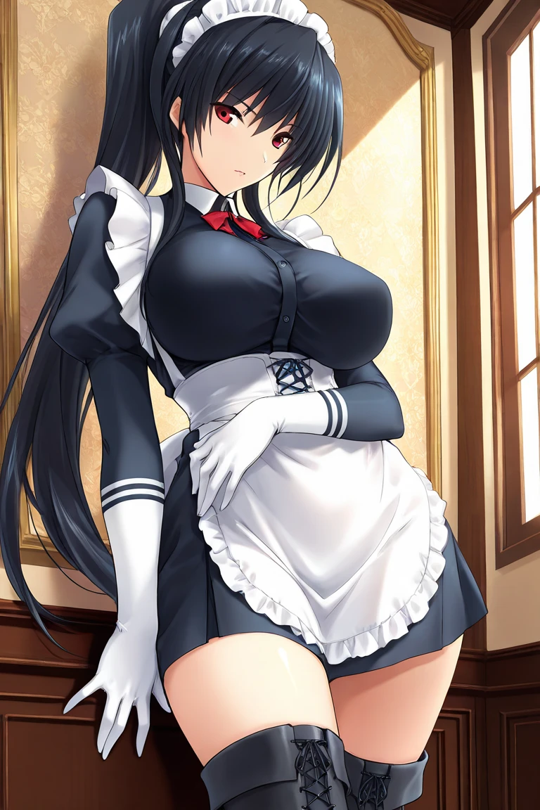 (Perfect Anatomy:1.2, highest quality),(Maid leotard details:1.4),One Girl,alone,Long Hair:1.5, (Short sleeve, Thighs,Maid Cufflinks),,Hypno Lola, Hollow Eyes,High heel lace-up boots, ,Dark aura,Leotrad,,From below,love for viewers,Look Down,