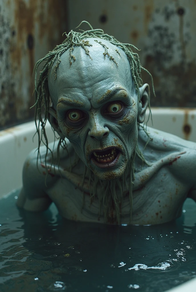 Suddenly, a screeching sound echoes through the bathroom as one of the windows is broken. a zombie, attracted by the sound of water, invades space. With pale, rotting skin, empty and hungry eyes, he moves in an uncoordinated manner, but with a frightening force.