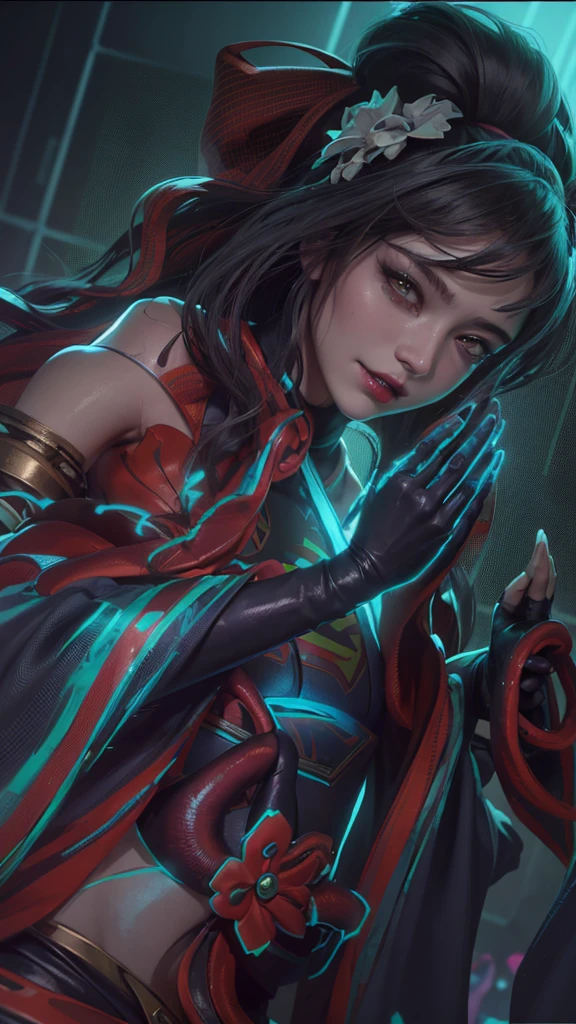masterpiece, (Realistic:1.5), Highest quality, Beautiful lighting, Real Life, boa hancock, (only solo people ), 2 or more people NG, (perfect anatomy) ,(((heart hands))), Pink light, beautiful , large breasts , Cleavage, Slim waist, smile, , standing alone, , Red dres, Sweat-soaked skin,