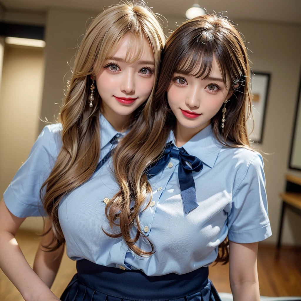 (scene; (2 people:1.8)), Gal, (High school girls 2 people), (Shopping mall, Shopping Street, street, Outdoor), (Look at me Are you standing, Full body portrait, Photograph the whole body, Full-body image, Are standing, With legs spread, Doing sexy poses), (Thin thighs, Long, slender limbs, Small waist), ((Highly detailed skin), Beautiful realistic face, White skin, Pointed Chest, Perfect Anatomy, Realistic eyes, Natural Eyes, Brown Eyes, Accurate eye focus, Accurate limbs), (Hyper Realist, Ultra-realistic, 4k, Attention to detail, Ultra-high resolution, highest quality, masterpiece, Presence, dynamic, Uplifting, bold, Sharpness), (Huge breasts:1.5, Cleavage:1.5), (Blonde long hair:1.5, Wavy long hair:1.5, Curly Hair:1.5), (sleek bangs), (Twin tail hair), (White collared shirt, Pleated mini skirt, Navy colored socks, Black loafers, Ribbon tie), High school girl in uniform, Surreal high school girl, tall, High school girls in uniform, smile, Emphasis on cleavage, (Are standing Two high school girls:1.8),