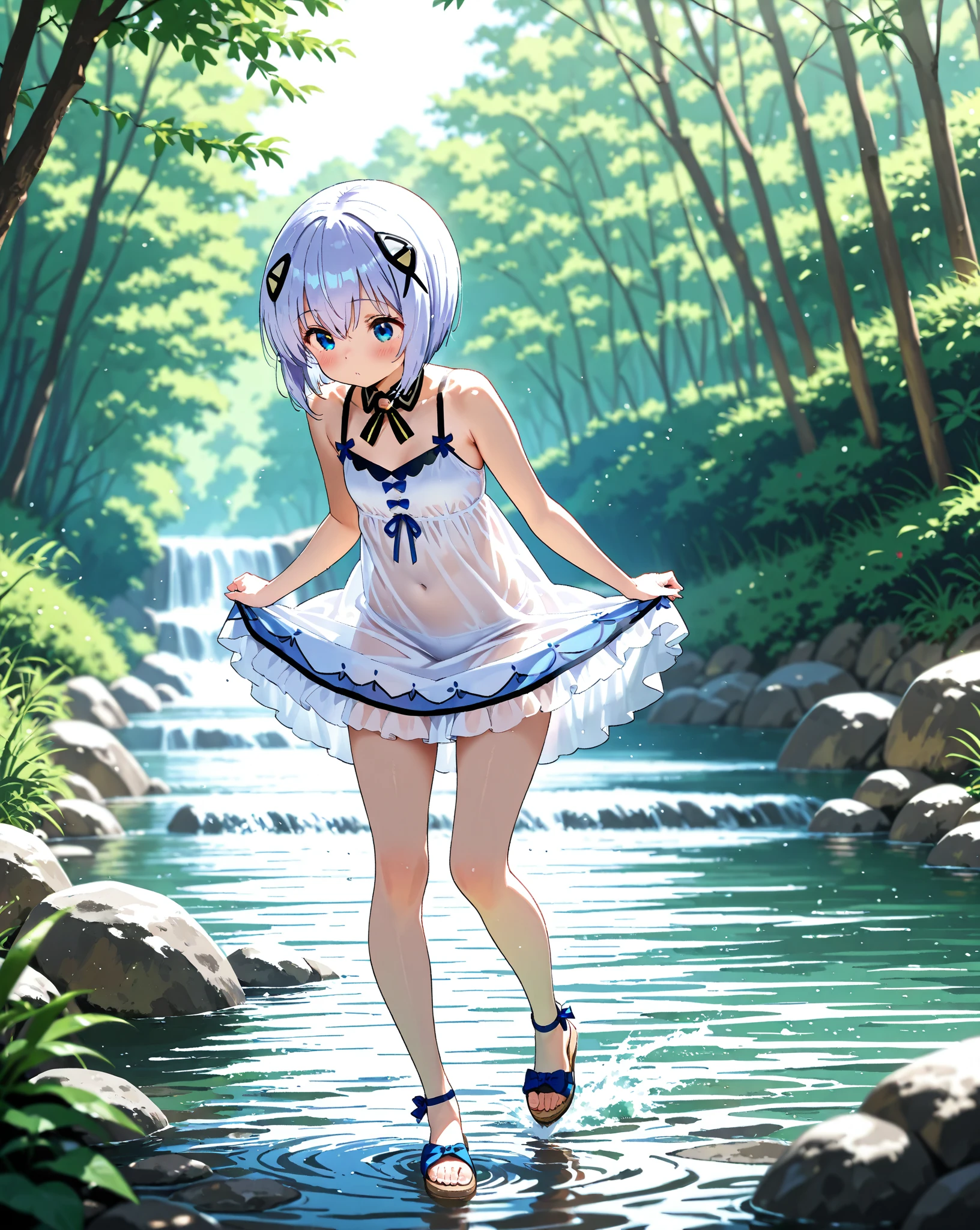 (Obra Prima), (Max Quality), (Ultra Detail), (Best Anatomy), Official Art, One Girl, Light-Colored Hair , Petite Girl, Witch, See-Through Robe, Small Breasts, Cleavage, Off Shoulder, Underboob, Side Boob, Thigh Focus, Navel Bared, Low Angle, Wet and See-through, Deep Forest Fountain