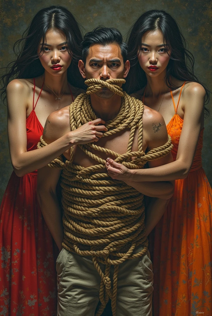 1boy、Handsome Men、Japanese male, 、Completely naked、Full nudity、erection、Huge penis、Slim body、Highest quality、Realistic、beautiful、Sad look、 ((((Completely tied up with rope)))), ((((A very tight rope is crisscrossed over the chest)))),(((Body bound with tight rope)))、whole body、Surrounded by old people、night、Dim lighting、darkness