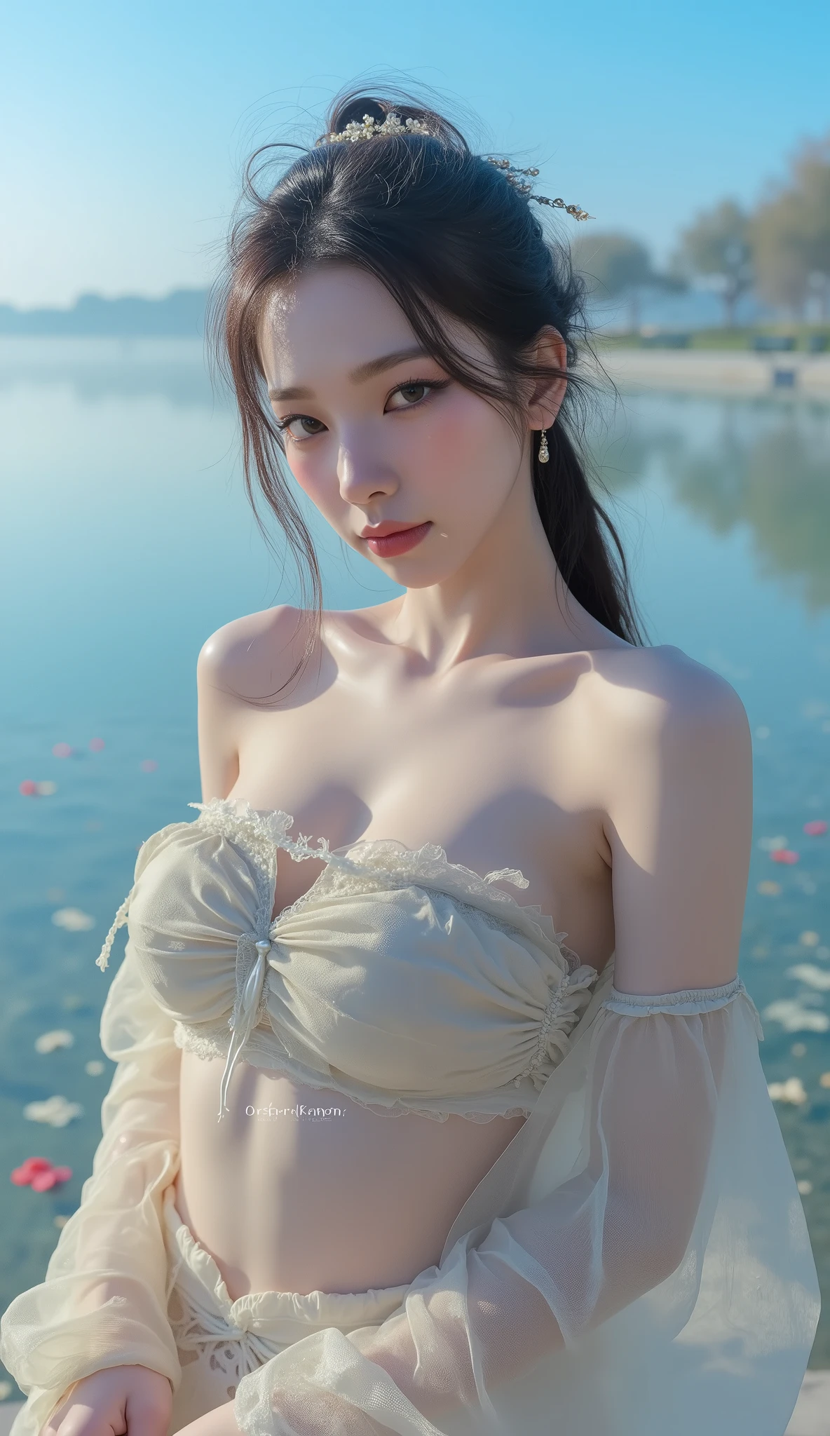 Beautiful woman with perfect body:1.4,Layered Hairstyle,Prominent cleavage,Highly detailed face and skin textures,Double eyelids,Skin Whitening,Long hair,Whitened long legs,(Suspenders,necklace),Standing by the sea