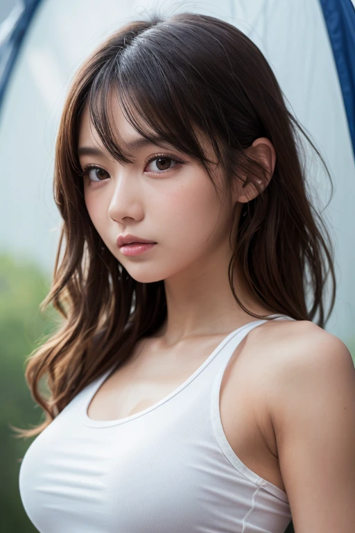 ((Highest quality, 8k, masterpiece: 1.3)), 1 girl, Plump figure: 1.3, (Random Hairstyles: 1.2), Oversized tank top: 1.2, Highly detailed face, Attention to detail, double eyelid, Underarm, Put your arms behind your head, Nipples are visible through the,