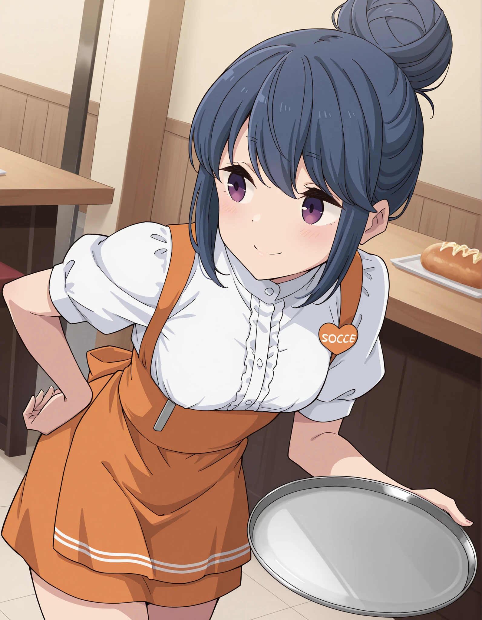 Score_9, score_8_up, score_7_up, source_anime, rin shima, solo, single hairbun, sidelocks, dark blue hair, purple eyes, small breasts, (best quality), (high quality), {masterpiece}, extremely delicate and beautiful, ultra-detailed, beautiful detailed eyes, anna miller, waitress, white shirt, short sleeves, puffy sleeves, orange suspender skirt, high-waist skirt, waist orange apron, name tag, restaurant, indoor, holding silver tray, smile, closed mouth, leaning forward