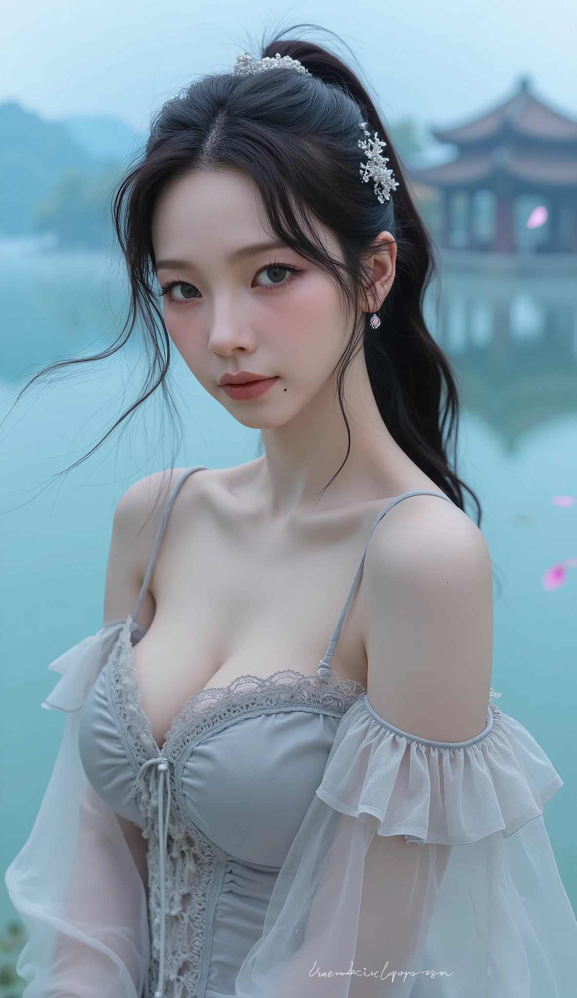 (Masterpiece, Best quality: 1.1, Ultra Detail, Extreme Realisticity: 1.3, Photo: 1.3), Blue and white striped lace lingerie, shut up.seductive smile, sitting, tie, by the creek, white lace briefs, exposed lace panties, hyper-detail background, medium breasts, bangs, (night), bright moonlight, cleavage, bow hair ornament, multiple braids, tattoo on chest, vest line
