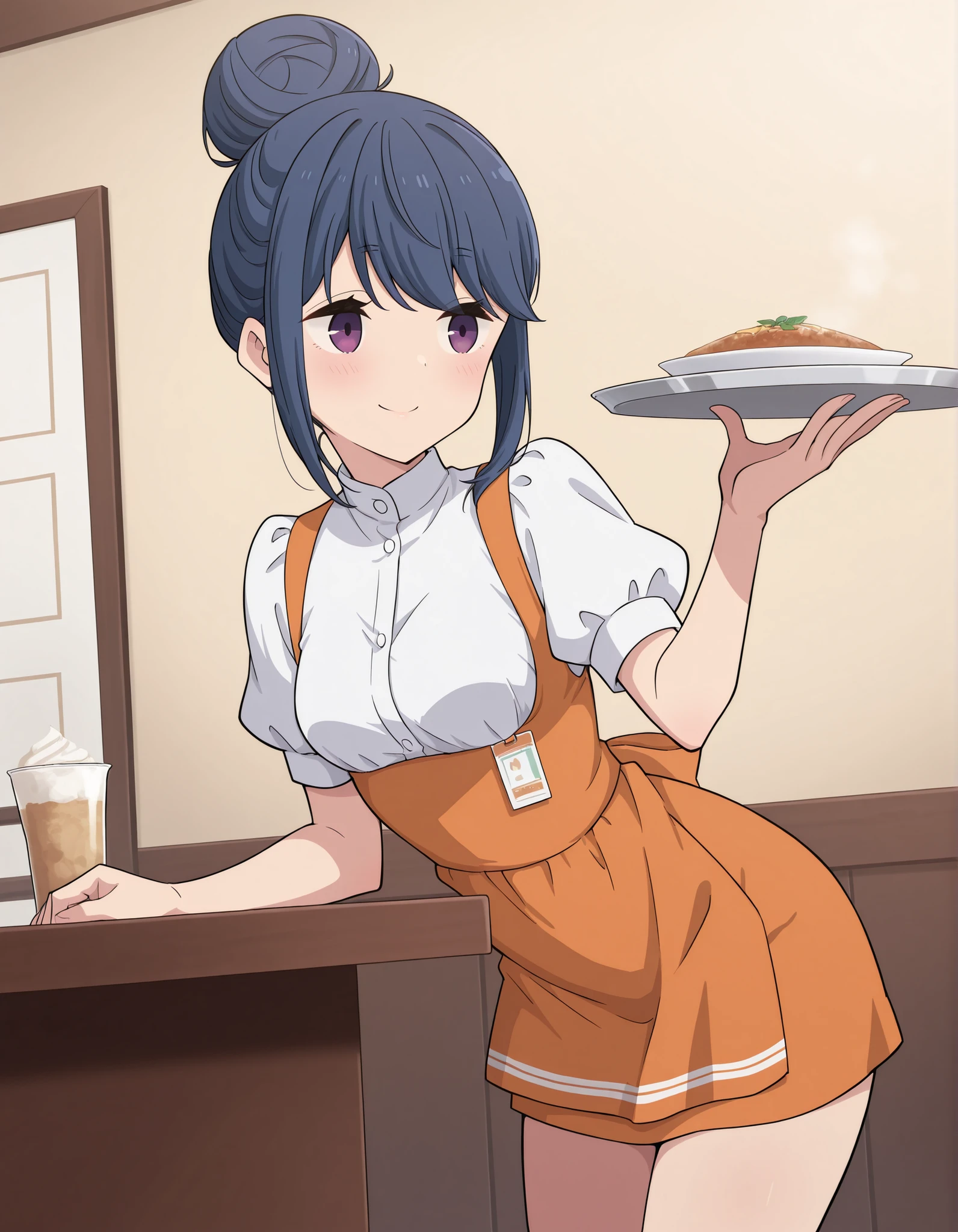 Score_9, score_8_up, score_7_up, source_anime, rin shima, solo, single hairbun, sidelocks, dark blue hair, purple eyes, small breasts, (best quality), (high quality), {masterpiece}, extremely delicate and beautiful, ultra-detailed, beautiful detailed eyes, anna miller, waitress, white shirt, short sleeves, puffy sleeves, orange suspender skirt, high-waist skirt, waist orange apron, name tag, restaurant, indoor, holding silver tray, smile, closed mouth, leaning forward