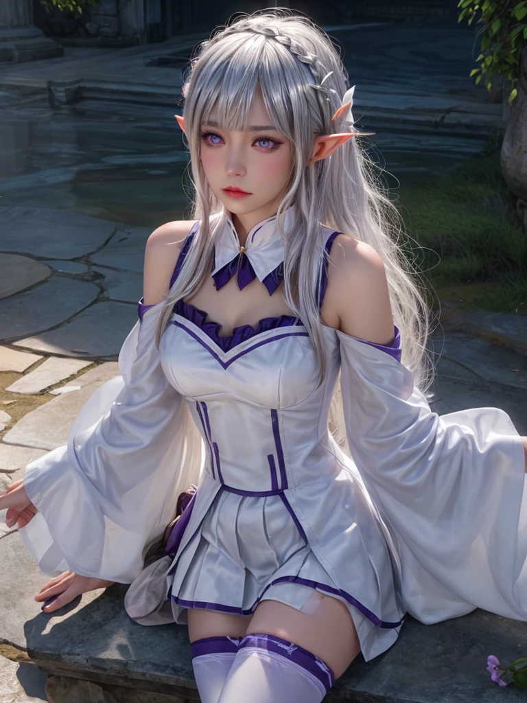4K wallpaper, best anime poster, 1girl, purple magician hat, pointed hat, sideways, magic broom, delicate broom, ass sitting on broom, cute, sky, white clouds, flying, smooth and fair skin, close up of legs, purple clothes, purple stockings, thighs, strangle, charming eyes, seductive anime girl, delicate clothes details