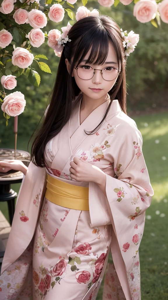 ((masterpiece)), ((Highest quality)), (Super detailed), ((Very detailed)), 4K, (8K), Highest quality, (beautiful)0, holy place, night, Beautiful girl, One girl, alone, Aristocratic costume, kimono,Royalty, beautiful rainbow hair0, ((beautiful eyes)), Large Breasts, nice,,((Glasses)),Pink Wig,Diamond Necklaces,confidence,