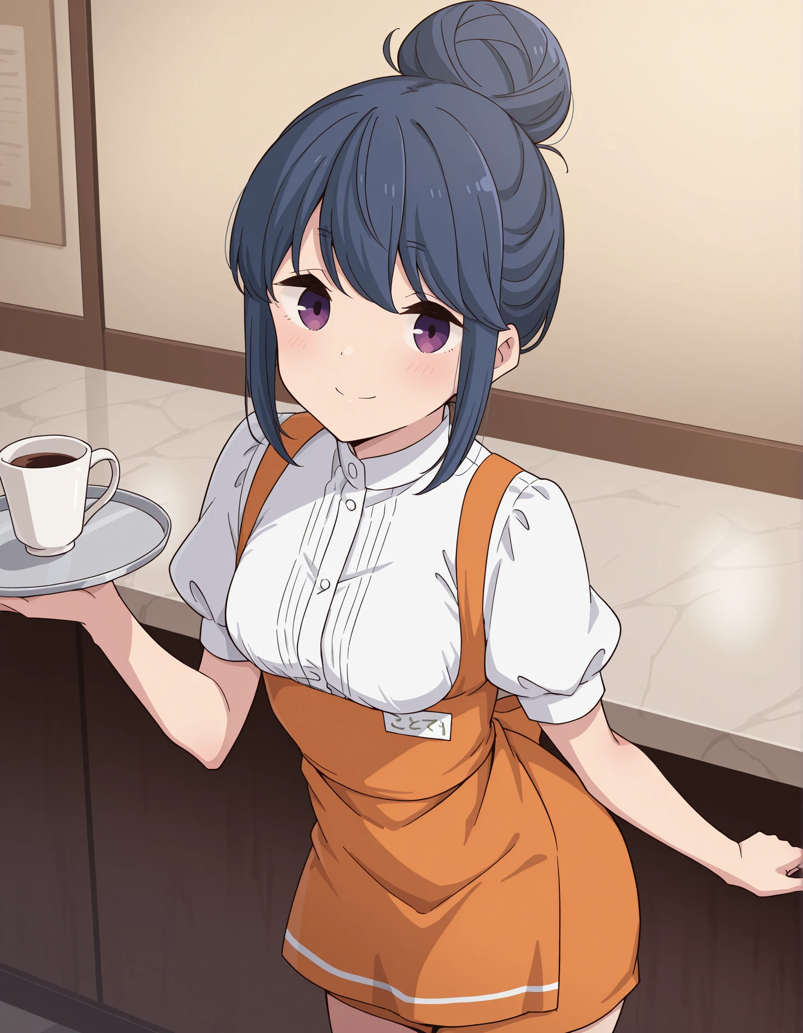 Score_9, score_8_up, score_7_up, source_anime, rin shima, solo, single hairbun, sidelocks, dark blue hair, purple eyes, small breasts, (best quality), (high quality), {masterpiece}, extremely delicate and beautiful, ultra-detailed, beautiful detailed eyes, anna miller, waitress, white shirt, short sleeves, puffy sleeves, orange suspender skirt, high-waist skirt, waist orange apron, name tag, restaurant, indoor, holding silver tray, smile, closed mouth, leaning forward