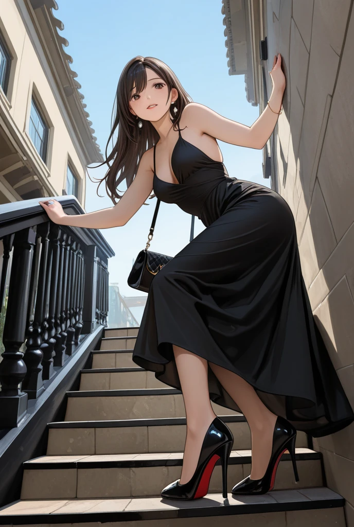 1lady solo, standing, from above, looking up, (evening dress) stylish, long hem, (mature female:0.8), /(dark brown hair/) bangs, kind smile, (masterpiece best quality:1.2) delicate illustration ultra-detailed, large breasts BREAK (luxury  venue) indoors, glossy marble floor, detailed background
