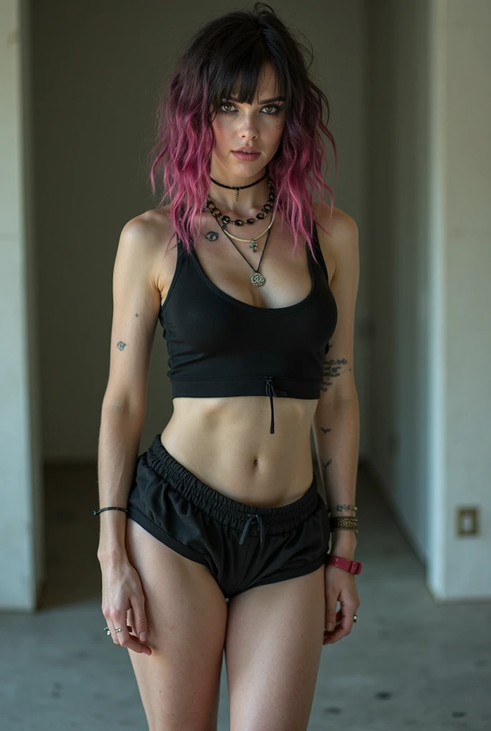 Beautiful punk woman with a coloured Mohawk and shaved underside hairstyle, (((little bikini))), (((torn bra))), piercings, ((tattoos)), intense eye contact, (((white eyes))), face and upper body image, pink hair, ((((medium body view)))), (((perfect abdomen)))