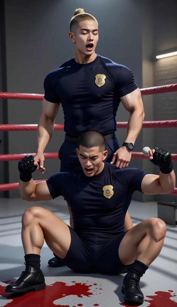 A muscular young Latino men, detailed muscular shirtless bodies, military short hairstyles, 18 years old, blue spandex pants, black riding boots, intense physical fight, punching, very bloody and violent, visible wounds and blood all over the body and face, empty dark room, realistic, photorealistic, high quality, masterpiece, extreme detail