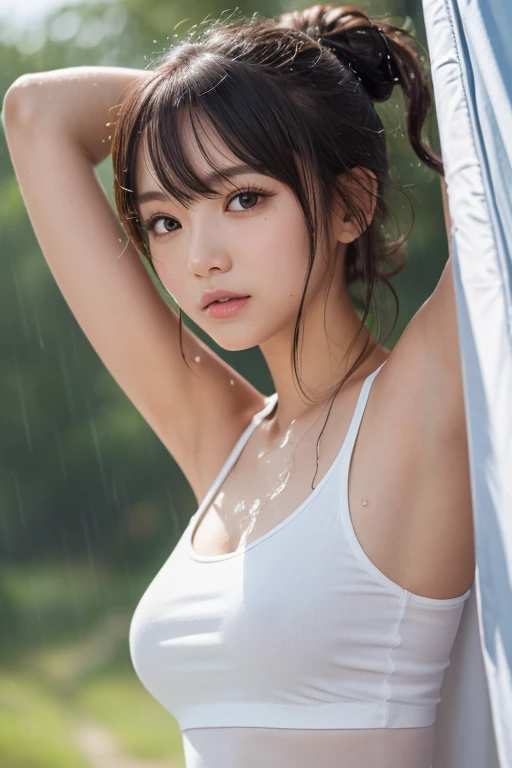 ((masterpiece,best quality;1.3,Best Illustration)), ((Get wet:1.5)), (Raise your arms, Please show me your armpits:1.3), (Beautiful breasts, Large Breasts), Cowboy shooting,1 girl、10 year old girl、Solitary,((Small head:1.5)),Black Hair, Bob Cooter, Forehead open, short hair,((Fit body, slim body, Skinny)),Radiant Skin, Radiant Skin, Oily skin, (Soaked in the rain、camisole、micro short shorts)、heavy rain、rain、on the way,Tokyo,