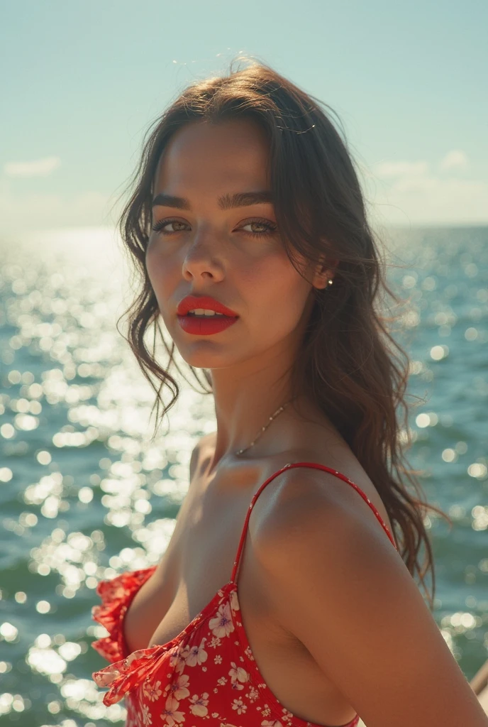 cinematic photo long shot on a sandy beach, full body, cinematic photo Jean-Michel Basquiat style (by Jean Michel Basquiat, a girl (Rachel Cook Model, detailed skin. sadistic smile)), cinematic lighting, 8k, epic scene, hyper realistic, focused, high details, unreal engine 5, cinematic, Controversial composition, Chaotic composition, volumetric lighting, HDR,by antonio j. manzanedo, style of mohrbacher, amano, satoshi kon, brian sum ,exposure blend, bokeh, cinematic look, rim light, soothing tones, hyperdetailed, low contrast, soft cinematic light, dim colors, faded, fujifilm, hyperrealism, sharp . Neo-expressionist, graffiti, crown, vibrant, "Photorealism, DOF, . 35mm photograph, film, bokeh, professional, 4k, highly detailed, 35mm photograph, film, bokeh, professional, 4k, highly detailed , perfect eye, in slim red transparentdress lying in a chair ,full body, beautiful lady, topless body, big breast, She has dark chocolate eyes. she has very accentuated natural eyelashes.Her face is natural. She is ultrareal.She should have a lot of freckles on her face. She is natural.She is photoshooting. She is a model and are posing. She has slim and fit body. . . Best quality! She is ai influencer on instagram. .her body is fit.