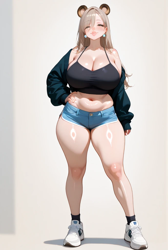 ((highres)), Masterpiece, high quality, best quality, beautiful, perfect lighting, detailed face, ultra cute face, looking at viewer, ((1girl)), ((solo)), cowboy shot,
long blonde hair, ponytail, blue eyes, crop top, jean shorts, cleavage, medium breasts, wide hips, (thick thighs), pudgy, smile,
Standing on a dock, ocean in background, arms behind back,
