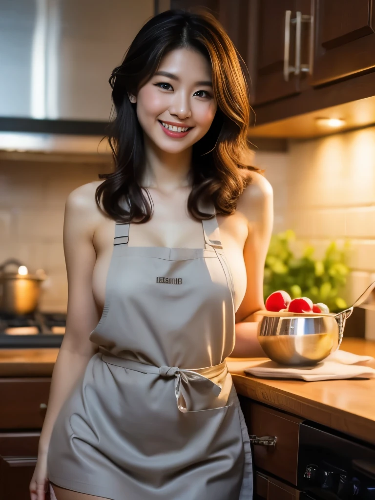 (top quality, 8k, masterpiece: 1.3), beautiful woman with perfect figure: 1.4, dark brown hair up to the shoulders, naked and wearing apron, in the kitchen, very detailed face and skin, detailed eyes, double eyelids, beautiful breasts, naked, smiling