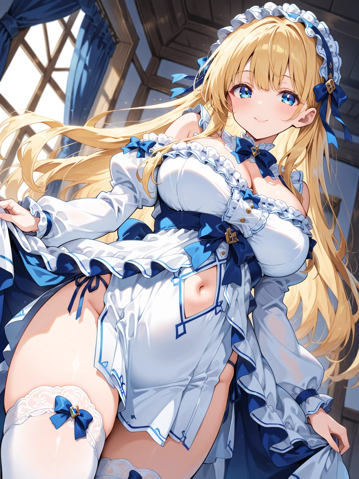 Solo, {{{{cecilia alcott}}}}, infinite stratos, Blonde hair, long curly hair, side locks [[[[drill]]]] Tip, blue hairband, Blue eyes, hair between eye, {{{{tareme}}}}, Smile, skyporn、(High Leg Figure)、is standing