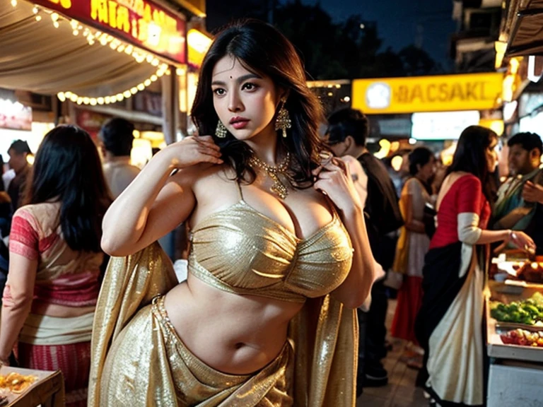 : A stunning Indian woman, confidently embracing her curves, dressed in a gorgeous saree that accentuates her voluptuous figure, the deep neckline of the blouse revealing her alluring cleavage, standing with poise and grace against the backdrop of a colorful and bustling Indian market, the vibrant atmosphere and rich cultural tapestry adding to her captivating presence, Photography, using a full-frame DSLR camera with a 50mm lens, --ar 3:2 --v 5