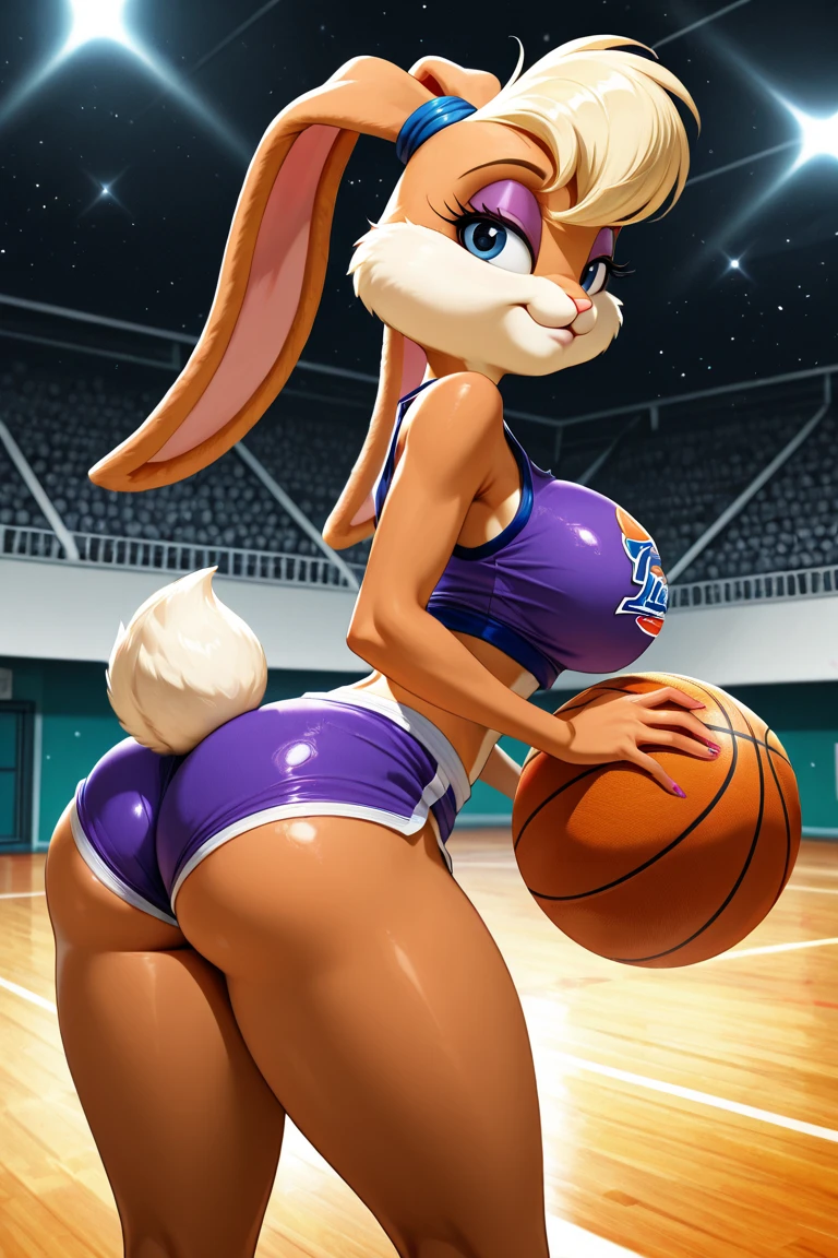 Lola, Lola bunny, 1 girl, (rabbit tooth:1.2), standing alone_focusing, four fingers, nude frontal, face detailed, detailed hands, detailedeyes, detailed skin texture, neutral pose, digitalpainting, smiling, ful dressed, cinematic light, swirly vibrant colors, intricate eyes, (the background is a stadium), (scenario is a basketball game), Space Jam