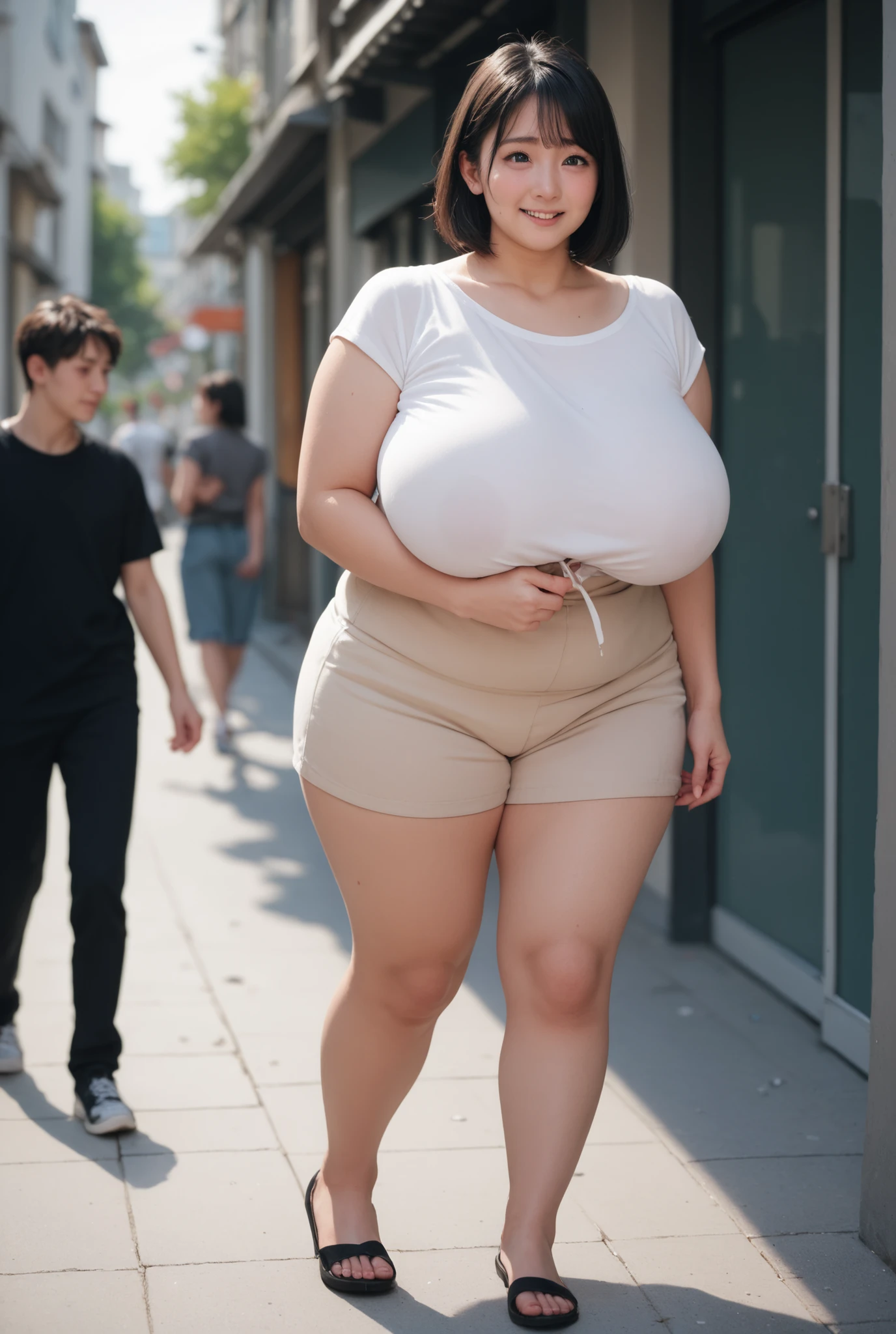 ultra high resolution, Are fat, girl, Asian, ugly face, chubby torso, chubby thighs, thick legs, chubby arms, many pores, fine skin texture, daytime, standing on the sidewalk, full body shot