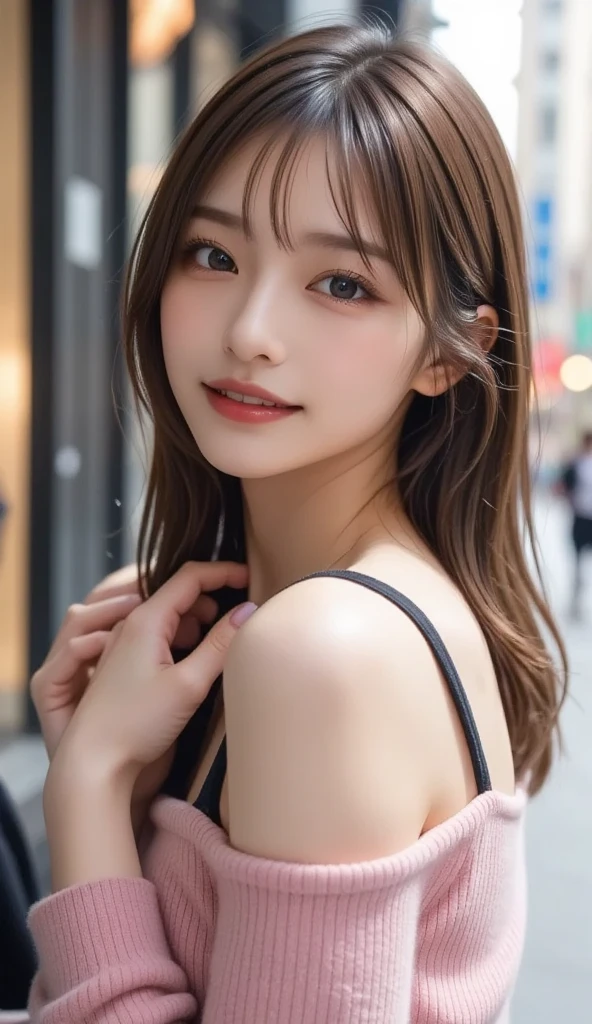 In detail, High resolution, high quality、Perfect dynamic composition, Beautiful attention to detail, Medium Hair,Natural color lip,Kamimei、Shibuya Ward、20-year-old girl、1 person、Clear Skin、Shiny Hair、Tabletop, 最high quality, figure, Super detailed, In detail, High resolution, 8K、The correct state of the human body、Random pose、Sculpture model pose,Hair dancing in the wind、underwear,Hair length,big ,hugeな胸の谷間, Bold sexy pose,huge 、Close-up of face、smile、Smiling