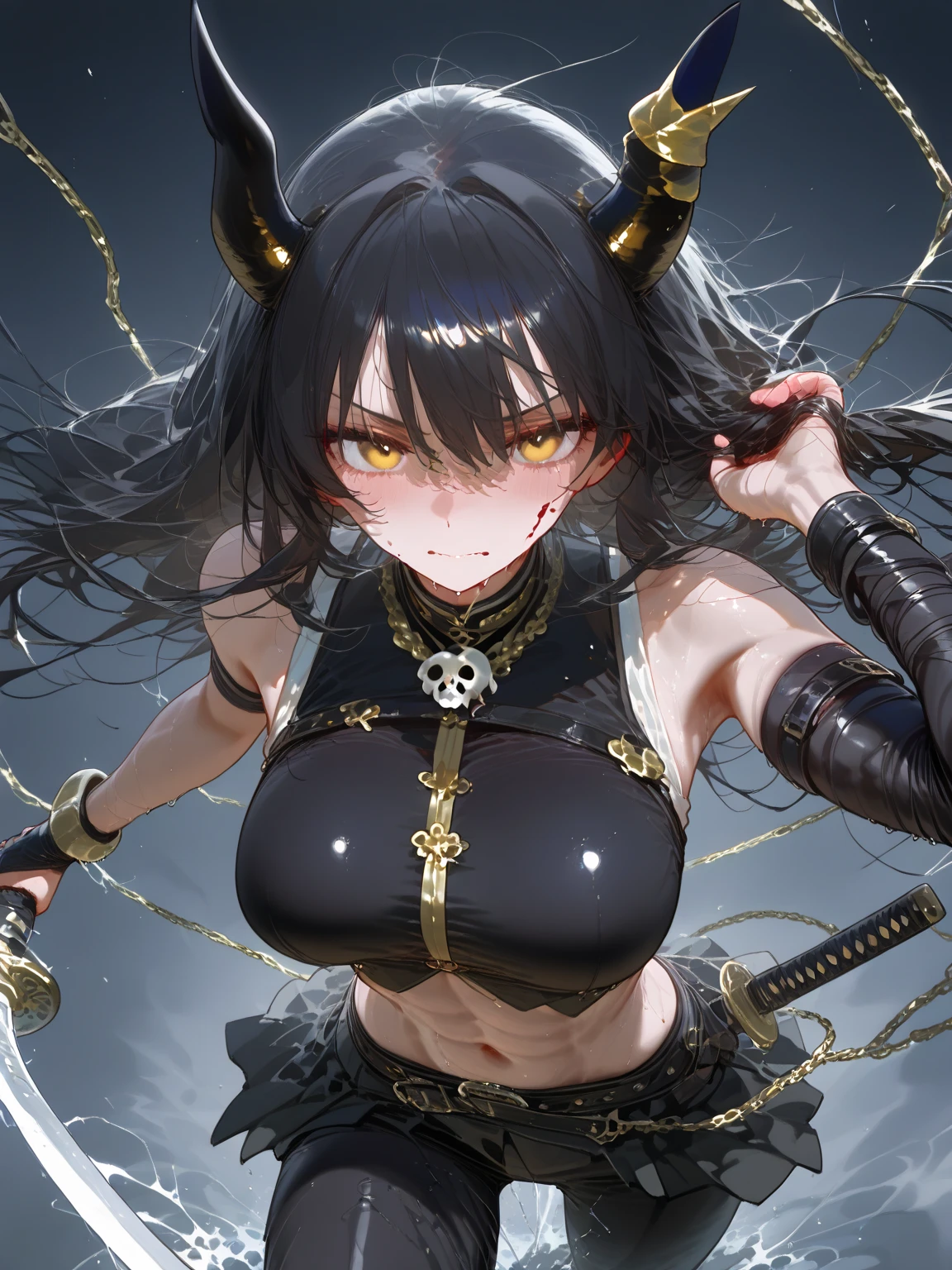 Best quality, 1 demon girl, (Pure black skin:1.5), wearing brassiere, (chains:1.4), (mature:1.2), (huge breasts:1.1), (Muscular), simple background, grey background