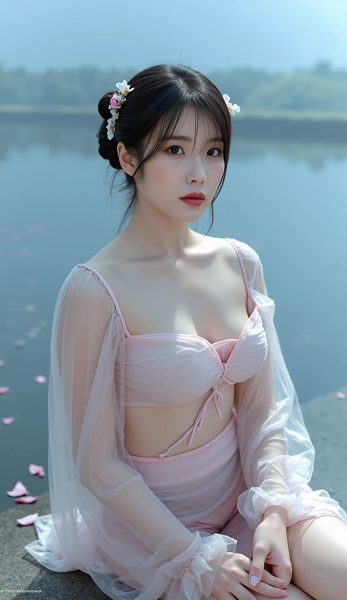 possession_, realistic, 1 woman, brown hair, headdress, candela, alone, seat, paper candela, long hair, brown eyes, realistic, hair bun, naked , flower, hair flower, looking at viewer, Beautiful woman with a slender body:1.4, Distinct abs:1.4, on the island,ultra fine face,exquisite eyes,double eyelid,(((nude))), open your legs, double bun, kimono, Lips ((wash painting)),((ink...,