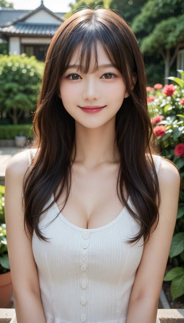 4K Ultra Resolution、Beauty、One Woman、Dark Brown Hair:1.1、Highly detailed face、Lips detail、important、(Eyes meet)、double eyelid、Princess Eyes、Beautiful Japanese Women、Beautiful Japanese Women、Sensual lips、Bewitching body、Bust size 82、Standing in an exciting pose facing forward with natural body balance、20th Generation、(21 years old)、far and near method、 A meticulous Japanese woman、Dress、Wearing a delicate, erotic and stylish white one-piece dress、Hair blowing in the wind、Important(The detailed numbers and shapes of hands)、I can see your chest、Crisp images、The delicate sparkle of the eyes、Outside, people are drinking tea on a small Western-style terrace.、Sit facing forward on a stylish chair、Beautiful breasts with detailed details、color々Hair style、Smiling with a nice smile、