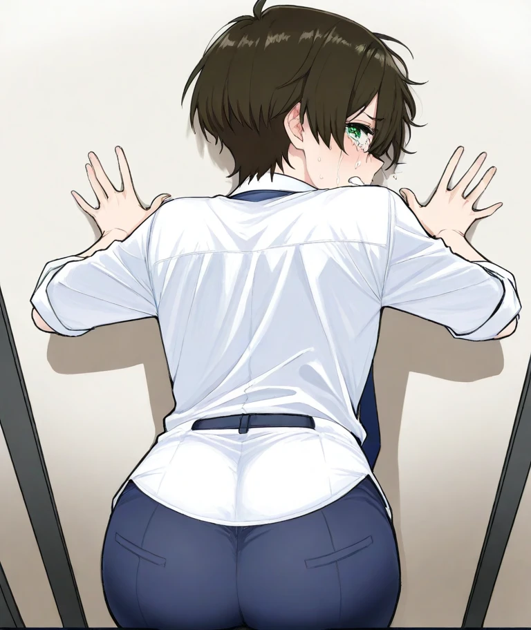 (Detailed Background), ((Are male)),short hair, Dark brown hair, green eyes, white shirt,navy blue necktie,slacks,((poop)),(slacksの上のうんちの汚れ),うんちでslacksが膨らんでいる,crying,is holding down my stomach,slouching forward,sticking out the butt,view from behind,back to viewers,Over my shoulder,My pants are bulging due to,painful face