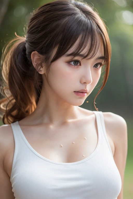 finely detail, hight resolution, hightquality、Perfect dynamic composition, Beautiful detailed eyes, Medium Hair, small tits、Natural Color Lip,Kamimehibuya、20 years girl、1 persons、Transparent skin、Glowing hair、masutepiece, Best Quality, Illustration, Ultra-detailed, finely detail, hight resolution, 8K、The correct state of the human body、Randomly cute poses,Ponytail hair,beauty legs,Perfect beautiful face,KPOP Idol Face,Face that feels ecstasy,???? tank top,Background blur, cleavage highly expose, ?????? can see through