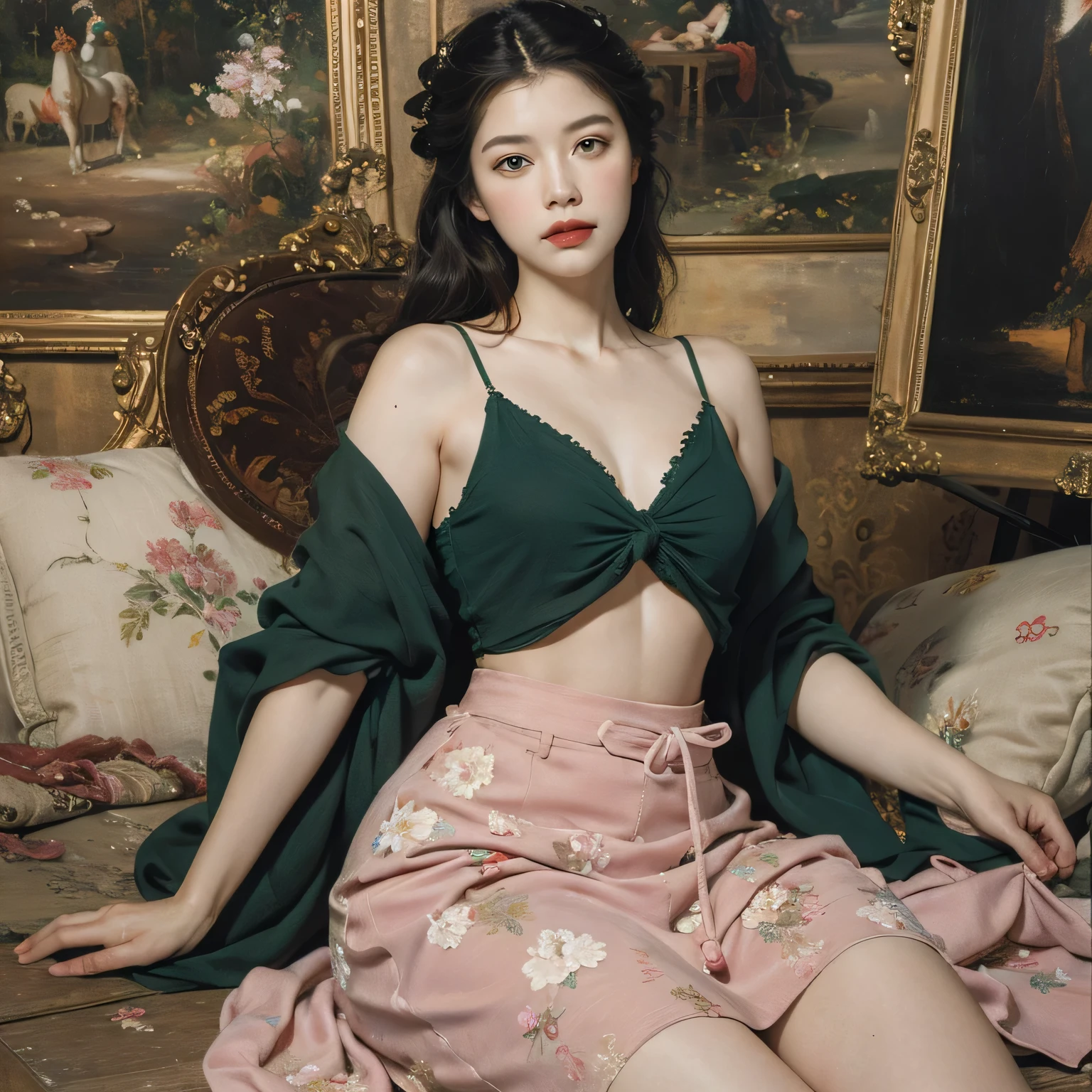 18-year-old European and American beauty，Messy long hair，Wet hair。A shy flushed face，Smooth face，Green，Sweaty face，Gloss。Off-shoulder black camisole lace bra。Navel，Thin waist。Red lace skirt。Kneeling on the bed。Masterpiece，Beautiful wallpaper，8k，Gentleman&#39;s Favorite。Dim background，Detailed skin description，Real skin texture，photograph