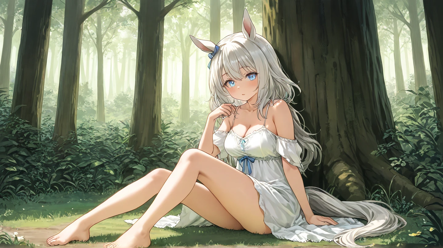 A cat girl sitting cross-legged on the ground，And open your legs in white lace，Love in the eyes ，Little tongue sticking out，Looking at me with white milk flowing out of his mouth
