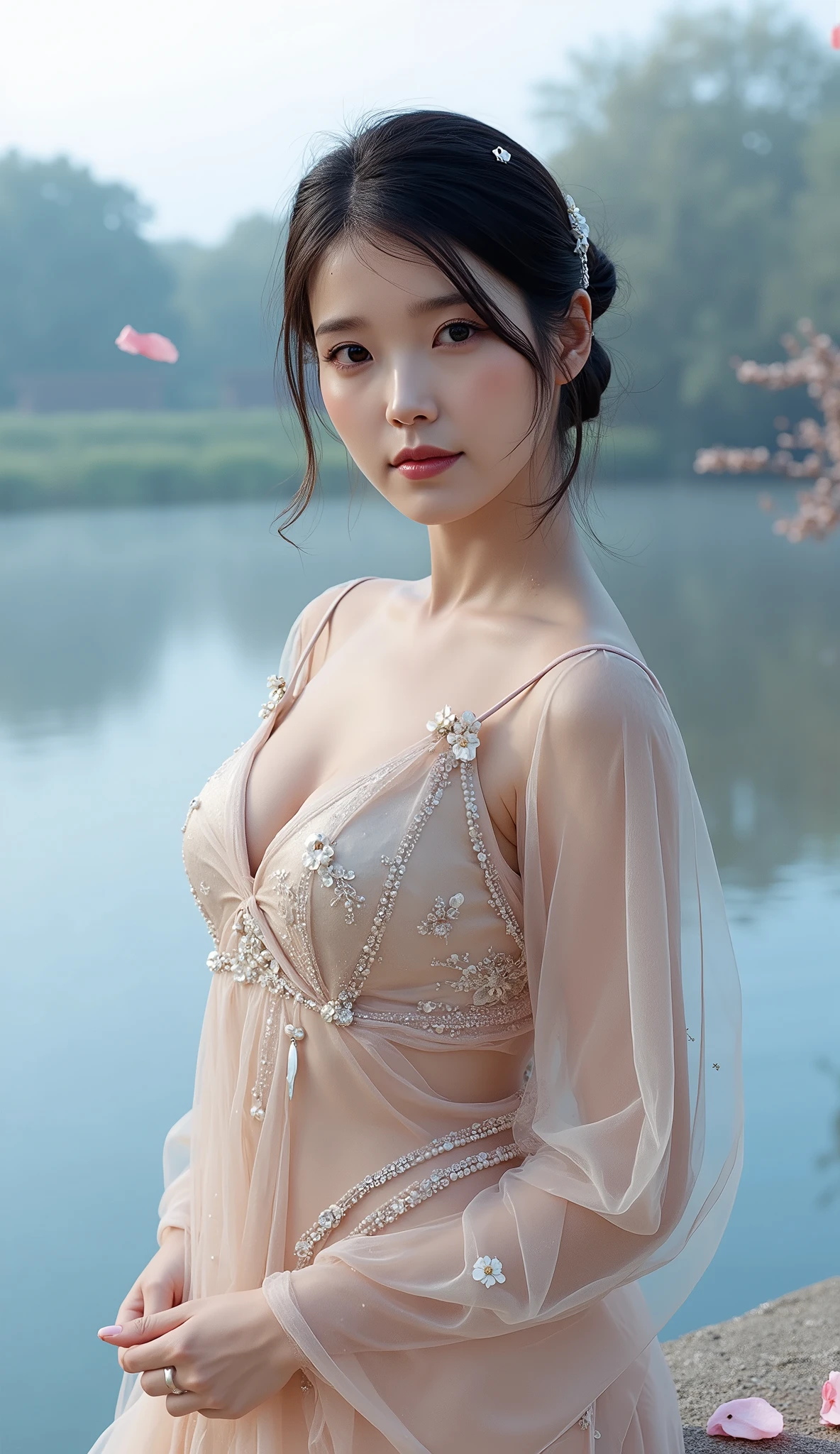 ((Best Quality, 8k, Masterpiece: 1.3)), Focus: 1.2, Perfect Body Beauty: 1.4, Buttocks: 1.2, ((Layered Haircut)), (Wet Clothes: 1.1), (Rain, Street:1.3), (Breasts: 1.2), (Hanfu: 1.2), Bare Shoulders, Bare Legs, Highly Detailed Face and Skin Texture, Fine Eyes, Double Eyelids, Whitened Skin, Long Hair, (Shut Up: 1.5), (Bokeh Background: 1.5), Big Breasts
