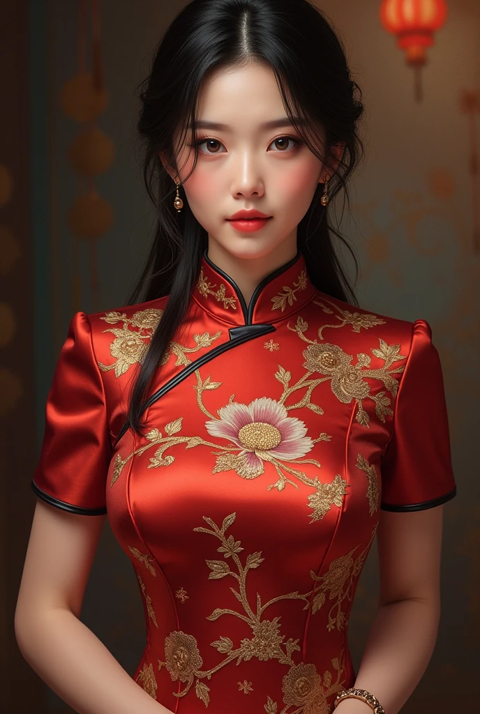 1girls,shrubs,Girl-Girl,china dress,Red Chinese Clothing,Blunt haircut,(masterpiece:1.4),(bestquality:1.4),(oily shiny skin),Red lips,looking at the audience,Big breasts,cleft lip, Upper body,
