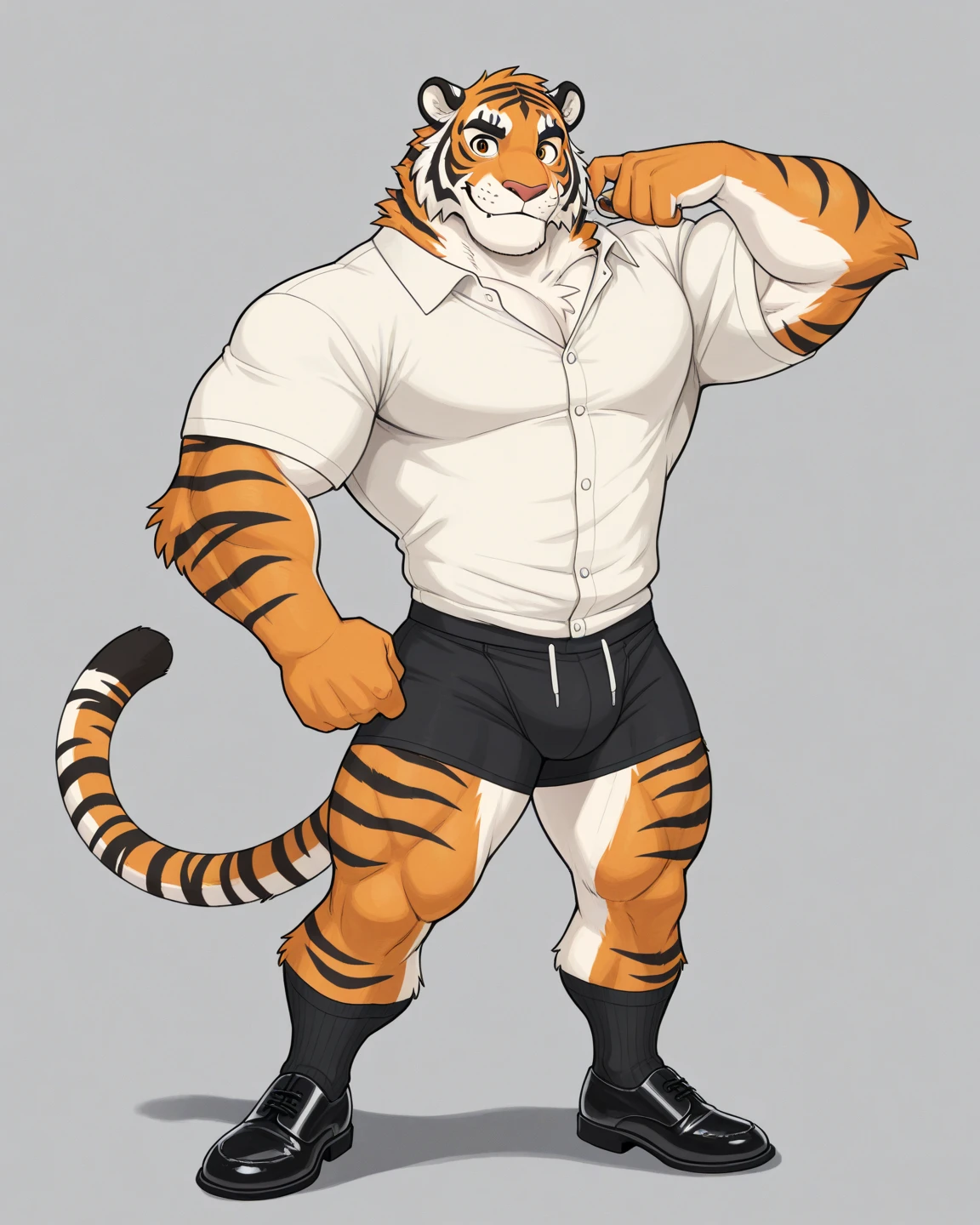 Tiger, By Haps, 1boy, abs, animal ears, bara, bulge, full body, white background, Seminude, Boxers, Character sheet Reference, Full body, backwards
