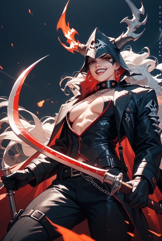 a portrait of a woman vampire pirate queen on a pirate ship ready for battle, ((full body: 1.5)), ((anatomically correct: 1.5)), (ultra detailed face: 1.2), looking tense, looking dangerous, dynamic eye color, glowing eyes, dynamic hair color, dynamic hair style dynamic skin complexion, wearing 18th century white button shirt, with ((stains of blood: 1.3)), busty , wearing wearing high heeled boots, it is night time at sea, moon is high, some clouds,18th century pirate ship background, vibrant, Ultra-high resolution, High Contrast, (masterpiece:1.5), highest quality, Best aesthetics), best details, best quality, highres, 16k, (ultra detailed: 1.5), masterpiece, best quality, (extremely detailed) RAW, (ultra details, Masterpiece, best quality), Hyperrealism style, holding sword, Intense gaze, holding sword rapier, vampire teeth, BloodSoakedAI, holding sword, Dark Art Painting Style