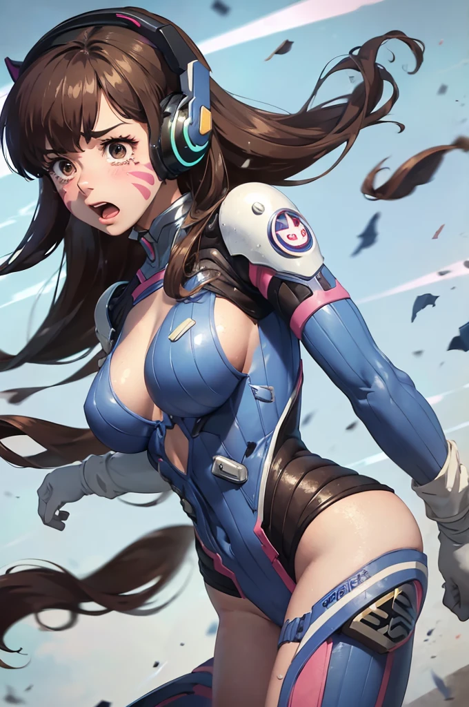 Brown long-haired。Brown eyes。Cybercore。Cowboy shot。Smirking。Wearing gaming headset。 Wearing blue and white。 sexy horny