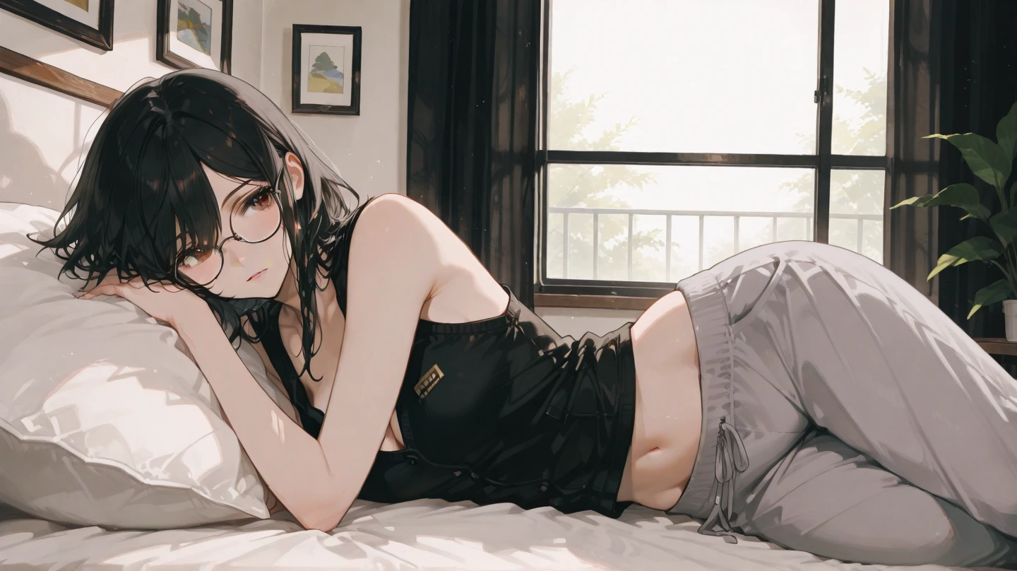 (masterpiece, best quality), 1girl, 18, beautiful face, black hair, beautiful hair, black glasses, firm ass, (tank top, loose top), baggy shorts, shorts, thighs, shy, asian eyes, blush, quiet, bed, blanket