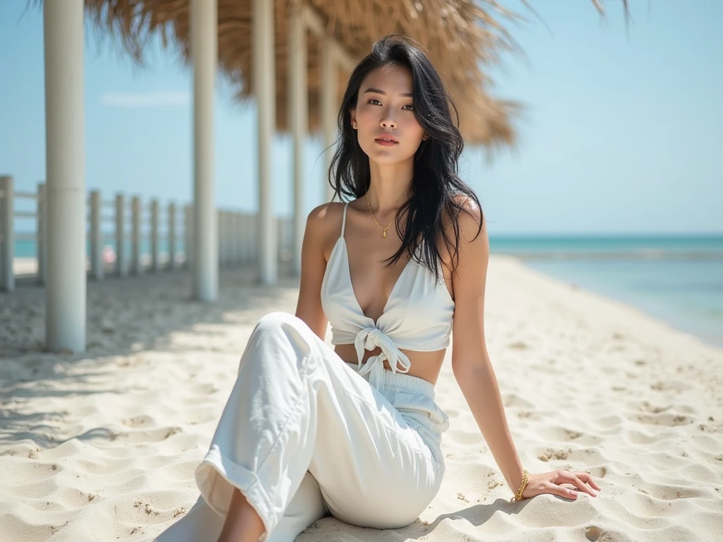 (masterpiece, best quality:1.5), highest quality, High resolution, super detailed, Realists, Full body photo of a black-haired 22-year-old woman, detailed and beautiful eyes, beautiful detailed lips, very detailed eyes and face, longeyelashes, 22 year old woman in a chiffon top, Beautiful and colorful makeup, elegant and noble々Pose,shiny satin headband,, Beach and sea as background, bright daylight, bright colors, fine brushstrokes, Portrait style, beautiful color palette, glowing skin, First-class rendering, that captures every detail, enchanting atmosphere, (perfect anatomy:1.2), (The stunning woman wears a chiffon tank top and long white pants (magnificent panorama view:1.2)