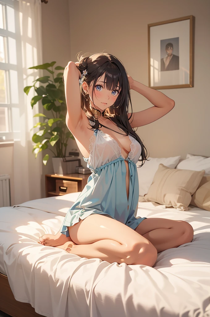 masterpiece, highest quality, One girl, View your viewers, Small waist, RAWphotograph,Hands intricately、Beautiful fingertips、 Ultra-realistic, High resolution, photograph, Sharp focus, Most detailed, Very detailed, Super detailed, In detail, Very detailed eyes,Very detailed hand、Idol、Thighs, beautiful girl,View your viewers, Small waist,Symmetrical face, whole body、White lace skin tight dress、No sleeve、White lace tight skirt、White lace knee socks、Cleavage、Large Breasts、Beautiful clavicle、Long Hair、Beautiful navel、beautiful Cleavage、The bouncing breasts、grass、Shyness、Happy expression、First Date、in room.on bed、Already illuminated in front