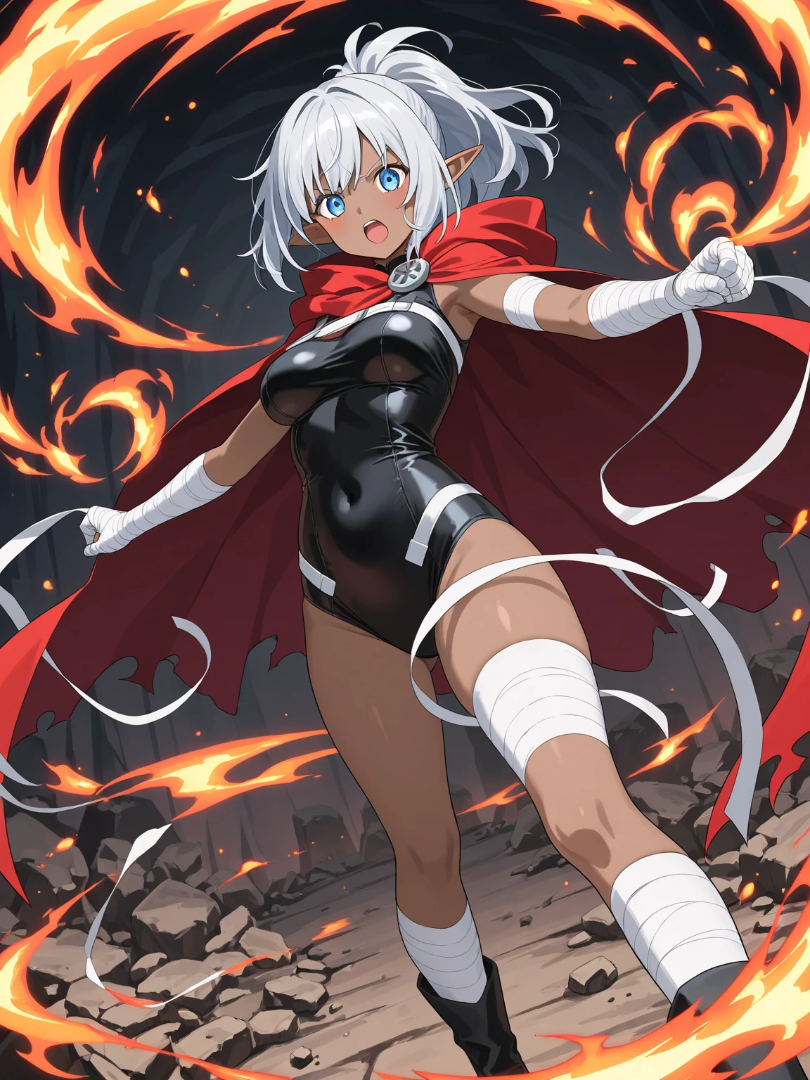 SHY, GLOVES, ELBOW GLOVES, THIGHHIGHS, WHITE GLOVES, LEOTARD, SHORT HAIR, WHITE HAIR, BOOTS, RED EYES, WHITE LEOTARD, BARE SHOULDERS, HAIR BETWEEN EYES, HIGH HEELS, (MASK:1), BELT, SCARF,HOOD, 1girl, solo, upper body, facing viewer, looking at viewer, smile, badass, flames, big boobs,