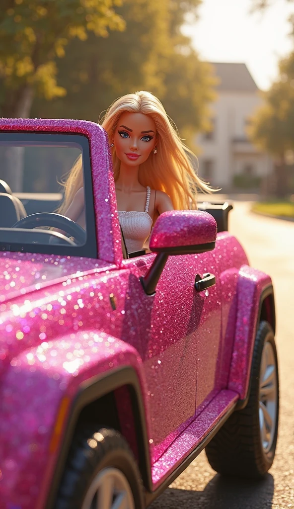 hyper realistic barbie with grillz in a rolls royce sitting down