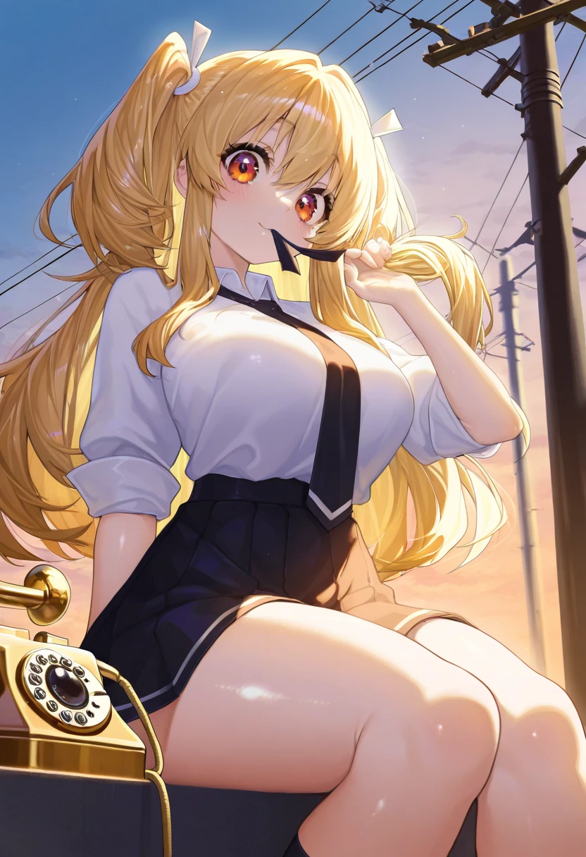 Masterpiece、high quality、high resolution、Girls, One, Solo, Cute Hair, Cleavage, Gaze and Look, Blush, Smile, Bangs, Skirt, Big Tits, Silky Hair, Clean Y-Shirt, Gloves, Long Sleeves, Hat, Ribbon, Realistic, Detailed Eyes, Accessories, Sitting, Close Mouth, Jacket, Long, Large Eyes, White Shirt Pantyhose with coarse detailing, Pimples Thighs, earrings, day, shiny, collared shirt, clouds, white gloves, hands up, mini skirt, black skirt, red ribbon, black pantyhose, neck ribbon, supporting arms, beret, ground vehicle, car, pencil skirt, shiny clothes, brown pant strips, yellow jackets