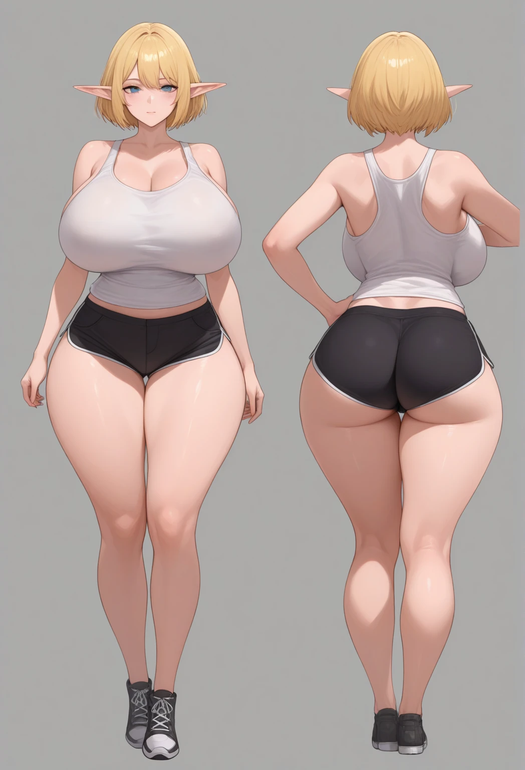 ((Best Quality)), ((masterpiece)), (detailed), girl with big tits with wide hips wearing The girl in the picture is wearing a white tight lingerie set, Composed of a bra that enhances your bust and a thong that highlights your buttocks. She also wears high heels of the same color., that elongate your figure and accentuate your voluptuous silhouette. And her hair is luminous curled blonde
