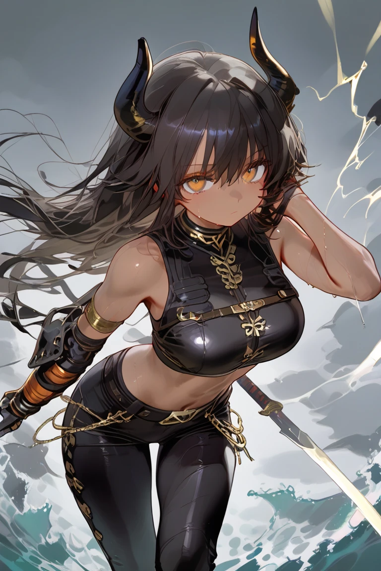 best quality masterpiece, the best definition to add aesthetic and lighting detalles Black girl jackal, egyptian clothing, teen girl, ,black body, ( the best definition in the body, good attributes, stylized body, slanted eyes, sensual look) egypt landscape, golden tattoo body, sensual eyes, yellow pupil, He has 2 kunai in his hands., battle pose, background fire add_detalle Ferocious fangs, sharp fangs, wild sharp claws, angried, hitting with his fist and destroying a pyramid add_detail female godness, killing a human who is kneeling in front of her with a dagger, human kneeling venerating her 