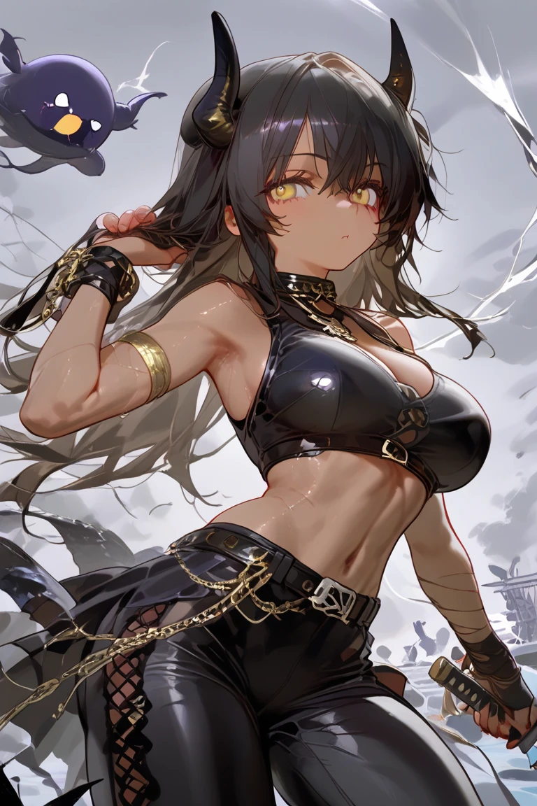 unparalleled masterpiece ever、超8k CG、超A high resolution、erfect artwork、clean and beautiful face、pure face、Hair in the details、Fine beautiful eyes and face、beatiful detailed eyes、Very extreme details、best qualtiy、Perfect illustration、extremely delicate and beautiful、extremely details CG、8k wallpaper、astonishing、finely detail、Official Art、Very detailed CG 8k wallpaper、Incredibly ridiculous、huge filesize、 ultra-detailliert、ighly detailed、a beautiful detailed girl、extremely detailed eye and face、1girl in、独奏、Velvet Crow、((low tied hair、Dark hair、length hair))、((bandaged、bandaged arms、Bandaged left arm))、((a matural female、A MILF))、large full breasts、(yellow  eyes:1.2)、Red shirt、Midriff、a navel、ripped clothing、Black shorts、(single braid:1.4)、On the shoulder braid、((Single gauntlet、Right Arm Bridal Gauntlet))、 a navel、bare shoulders​、a black choker、abdominals、((Wearing a torn leg、black thighhighs))、looking at the viewers、((Kemomimi))