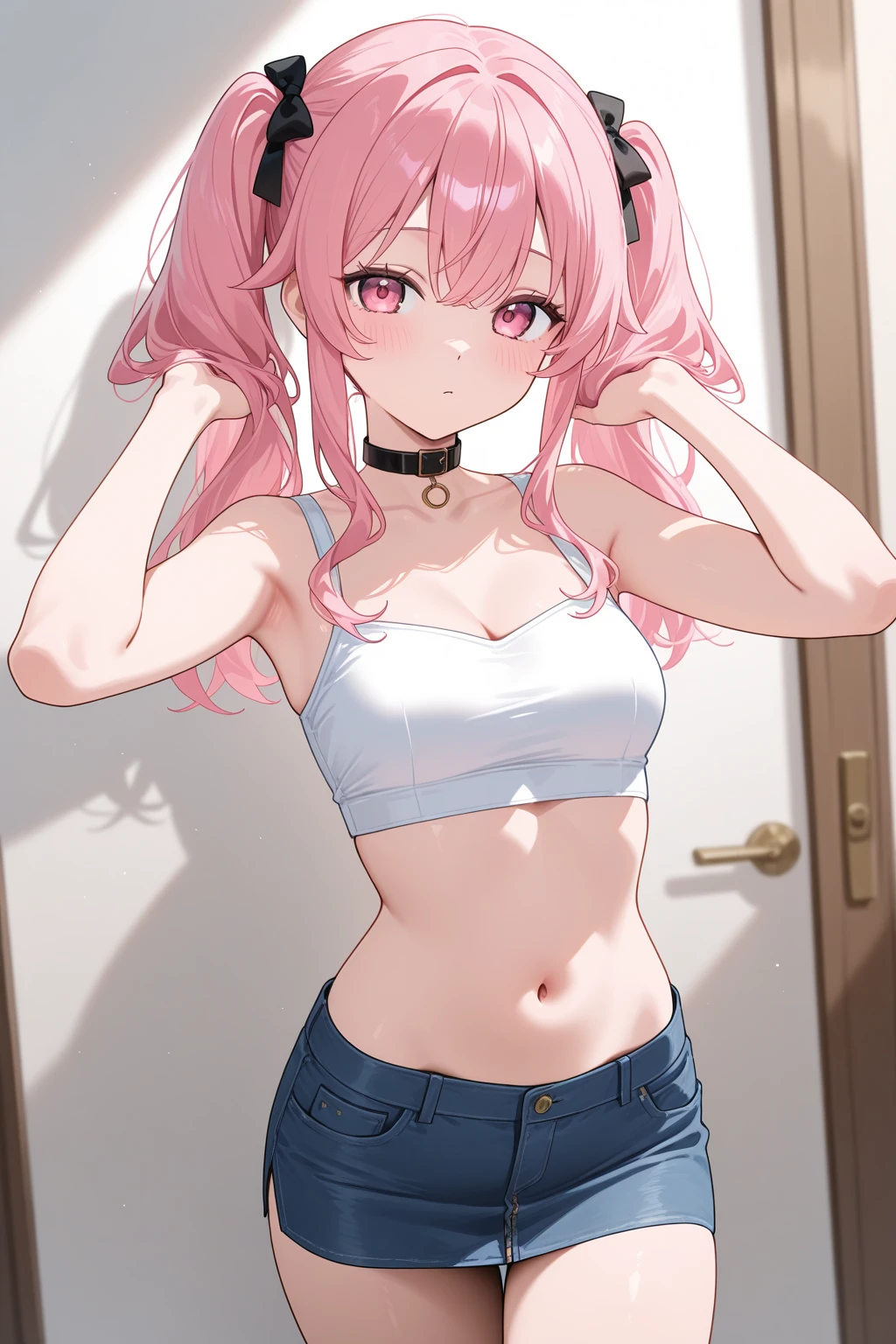 long hair,1 girl, solo, medium breasts, tummy, crop top, long sleeves, t shirt, kitchen, skinny jeans, blush, embarrassed, looking down, big bellybutton, abs, cold, trembling, crossed arms, large navel, open mouth