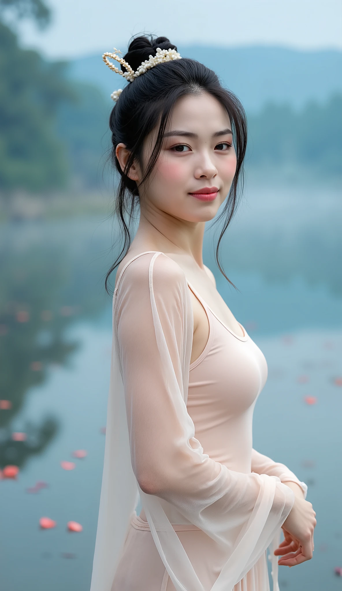 big breasts, round breasts, wearing bra inside ao dai, slim figure, beautiful figure, big breasts, long straight hair, ((sharp 8k quality photo)), ((details of beautiful, sharp face, face balanced) cho)), ((beautiful breasts, exposed cleavage, plump body), (( beautiful sparkling eyes, sharp eye details, beautiful face, balanced eyes)), (( sitting in the rain full body, wet ao dai revealing chest in the rain)), ((super beautiful body with high details, tight body with bust and slim waist)), ((round breasts, exposed chest, tight topless chest, nude, naked, no shirt)), ((it was raining heavily, there was no sunshine))